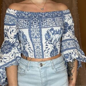 Off-the-Shoulder Blue & White Floral Crop Top